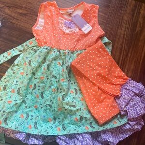 Adora-bay Orange Polka Dot and Floral Dress with  Ruffle Leggings